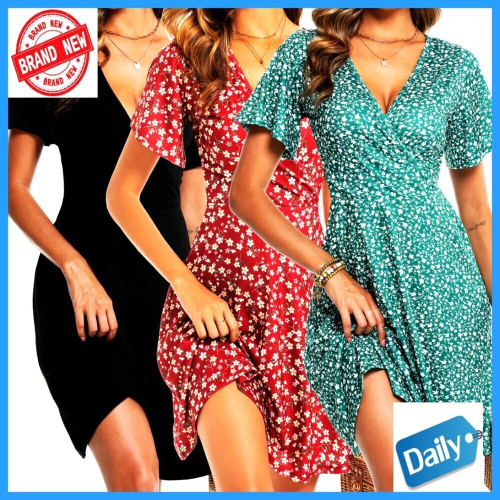 Wrap V-Neck A-Line Midi Sundress with Short Sleeves, Floral Print